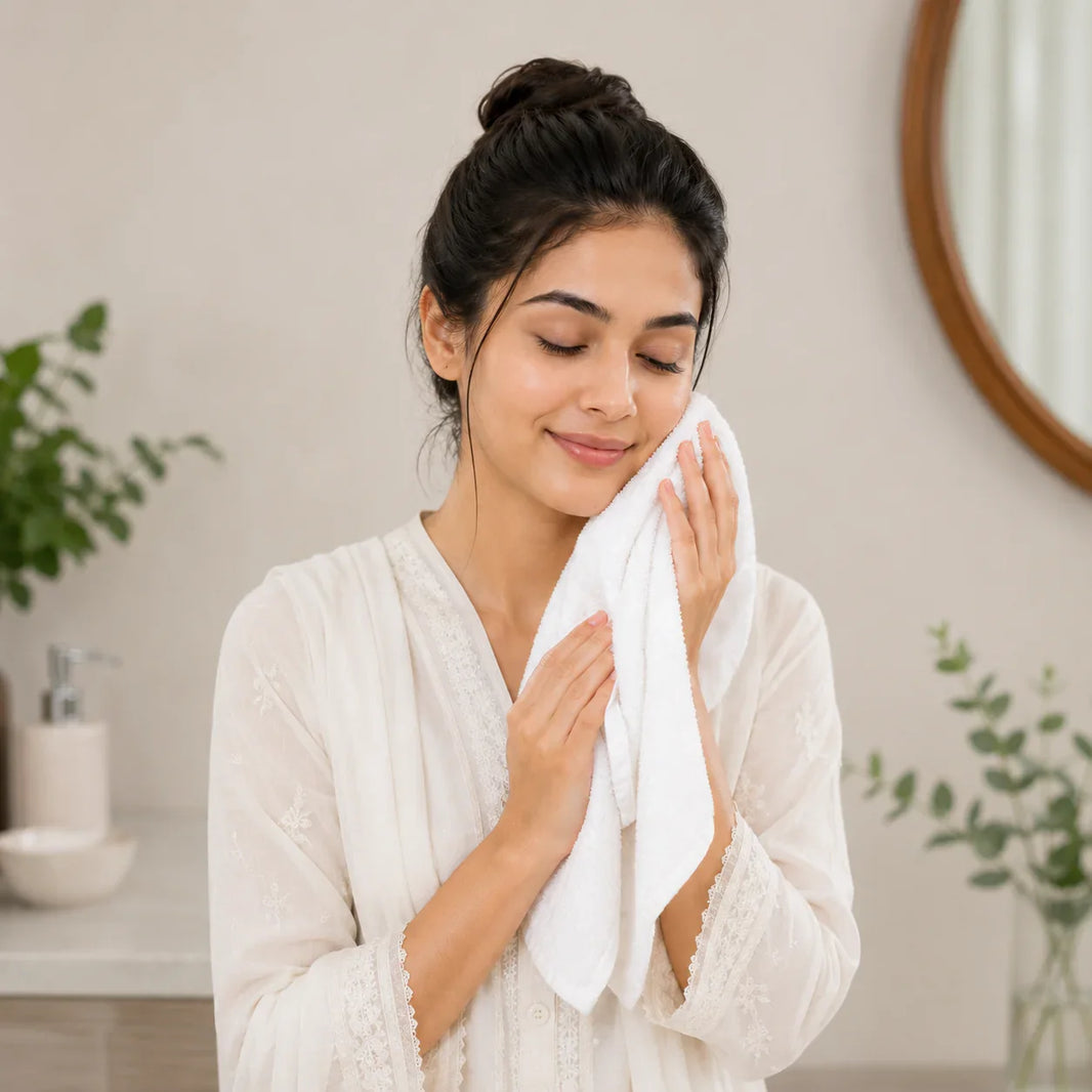 Woman gently patting face with towel after skincare routine, sulfate-free beauty products