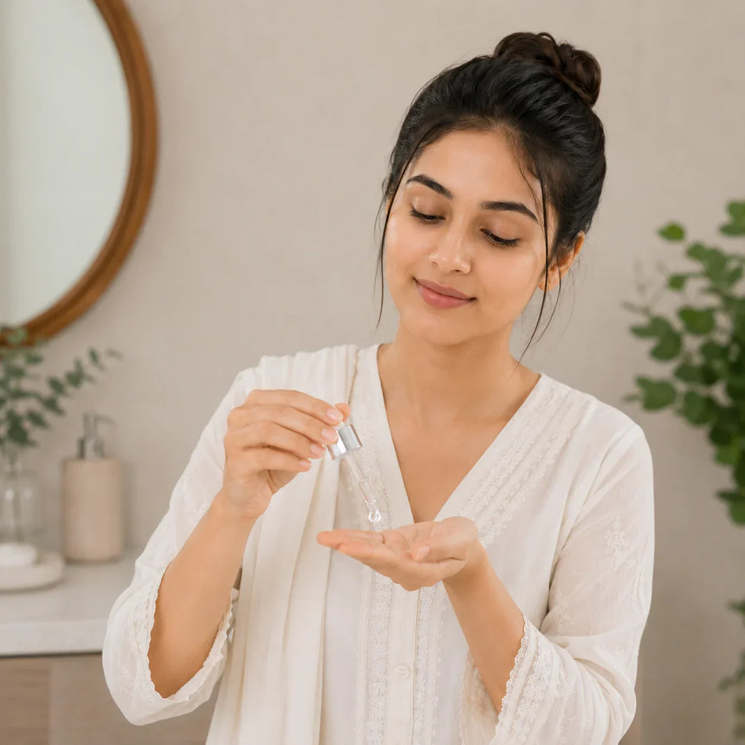 Woman applying serum with dropper, sulfate-free skincare routine
