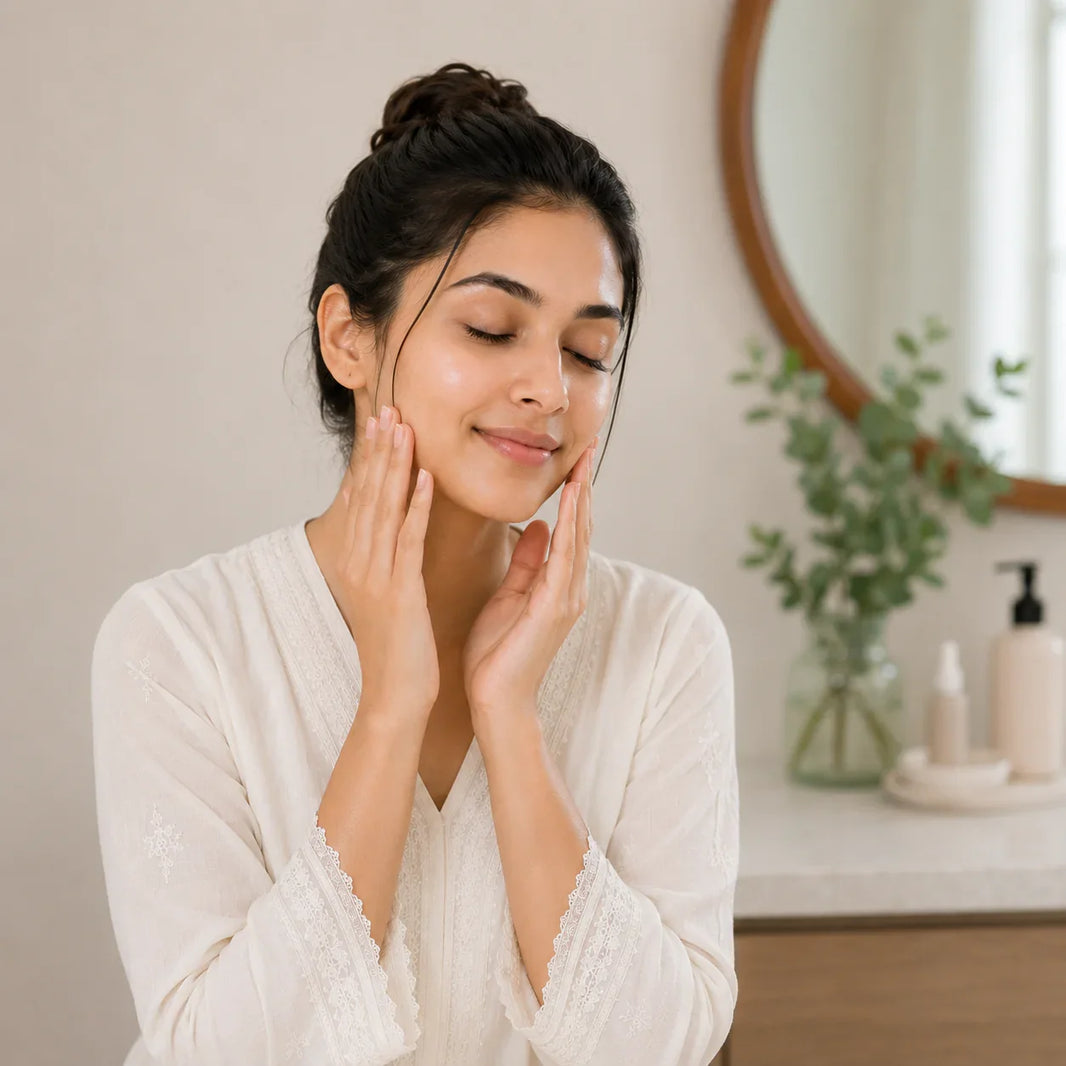 Woman applying skincare product for glowing, healthy skin in serene bathroom setting