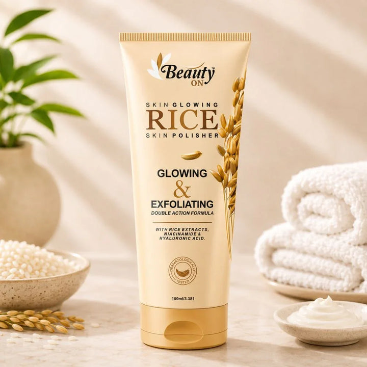 Beauty ON Rice Skin Polisher with glowing & exfoliating formula, rice extracts, niacinamide, hyaluronic acid