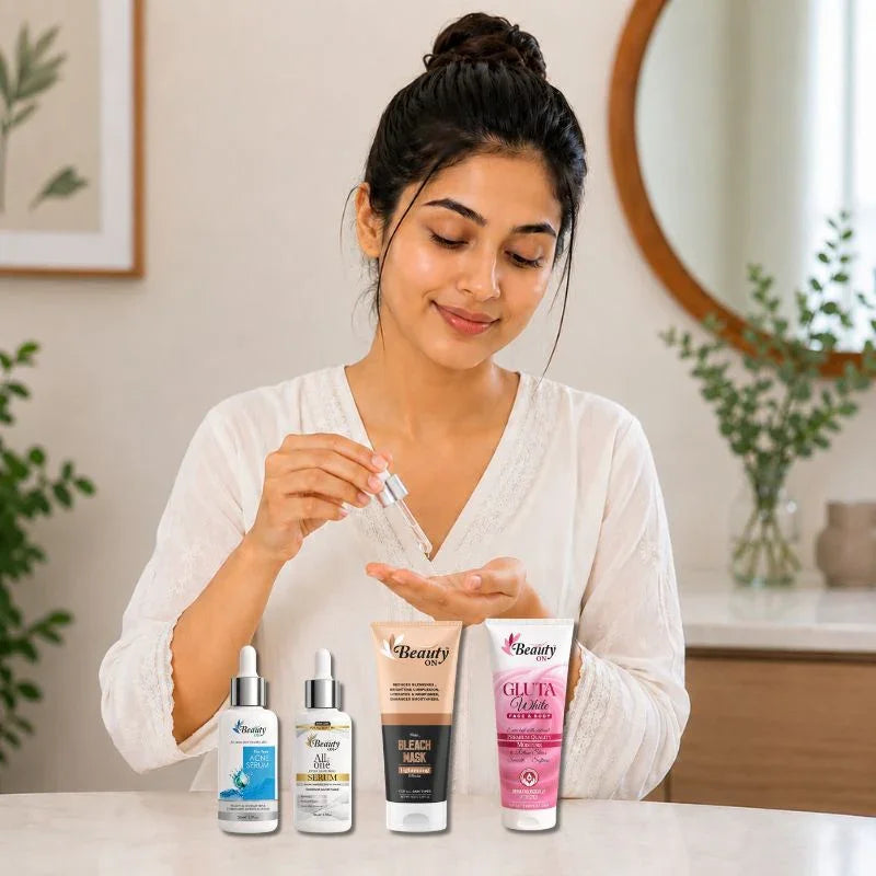 Woman applying serum with Beauty ON skincare products: face wash, serum, bleach mask, and glutathione cream