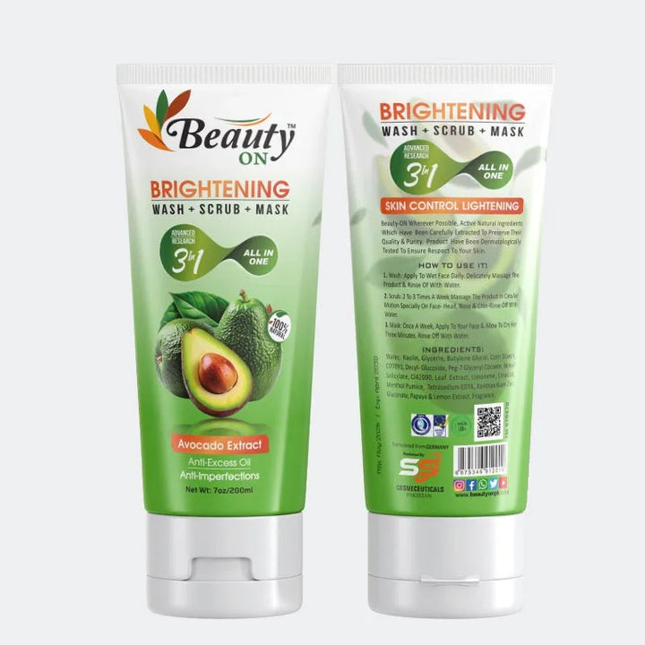Brightening 3-in-1 wash scrub mask with avocado extract for anti-imperfections and skin lightening