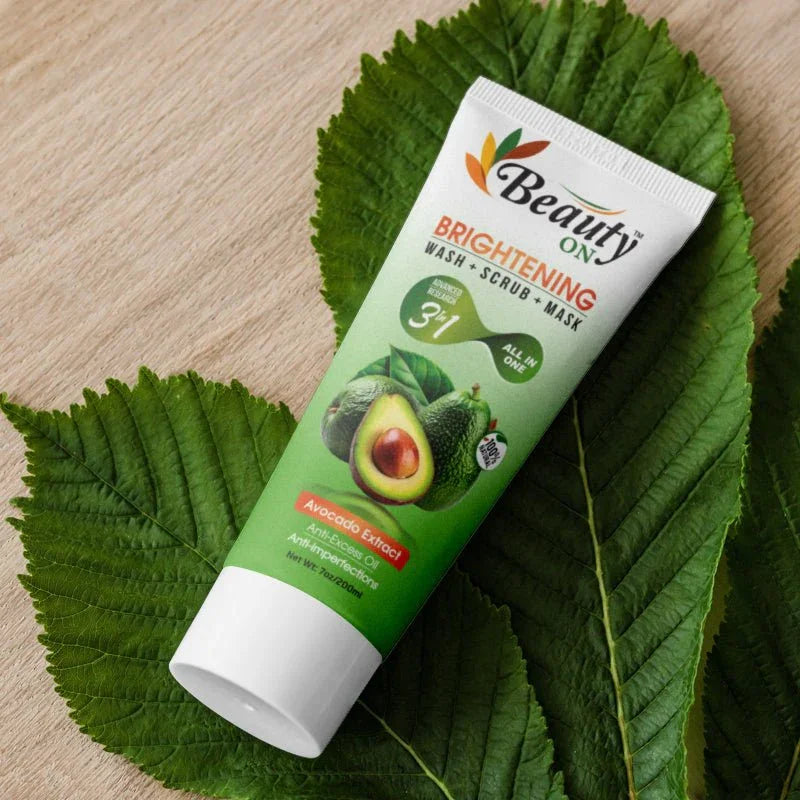 Beauty ON Brightening 3-in-1 Wash Scrub Mask with Avocado Extract on green leaves
