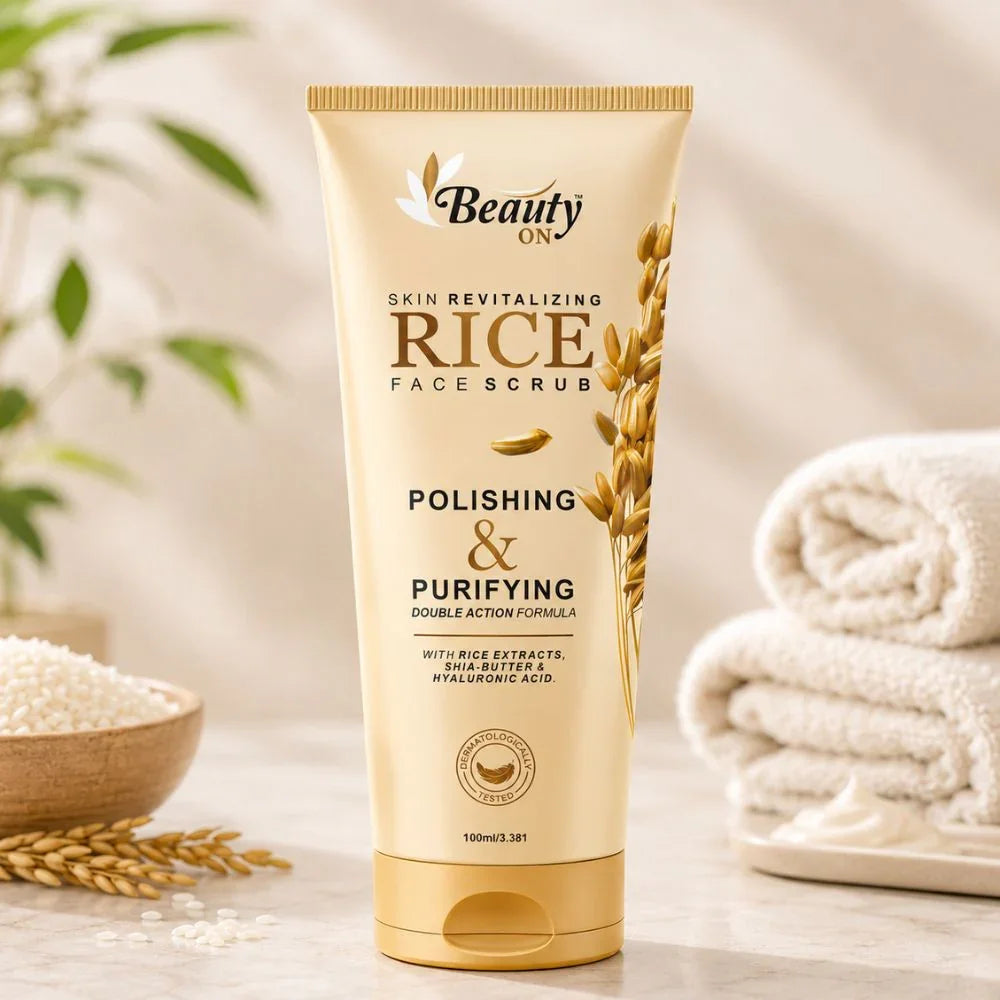 Rice face scrub for polishing and purifying skin with rice extracts and shea butter
