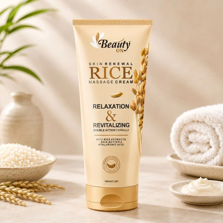 Beauty ON Rice Massage Cream for skin renewal, relaxation & revitalizing with rice extracts, shea butter, hyaluronic acid