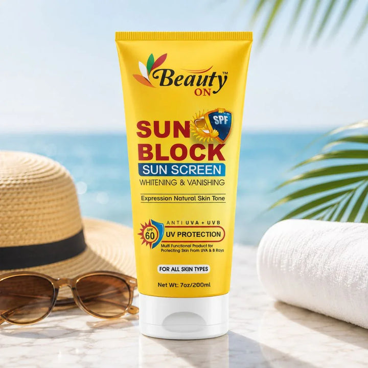 Beauty ON Sun Block SPF 60 sunscreen for all skin types, whitening & UV protection, beach ready with hat & towel
