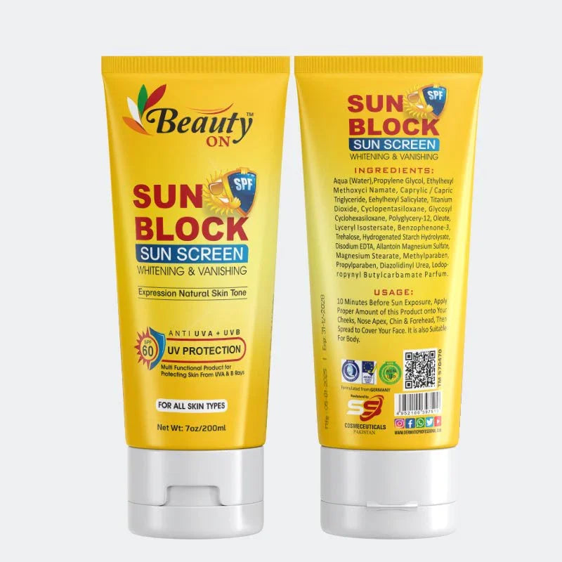 Beauty ON Sun Block SPF 60 for all skin types, whitening & vanishing, UV protection