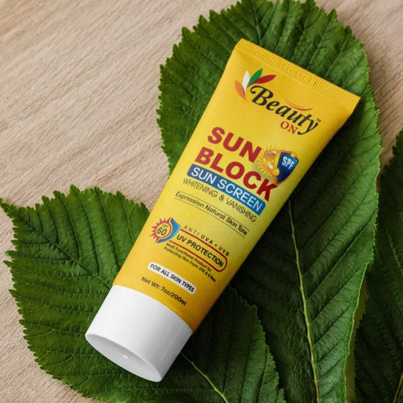 Beauty ON Sun Block SPF 60 for all skin types, whitening & vanishing, on green leaf