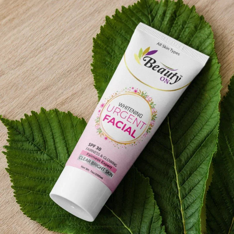 Beauty ON Whitening Urgent Facial cream for clear bright skin, SPF 30, all skin types, on green leaf